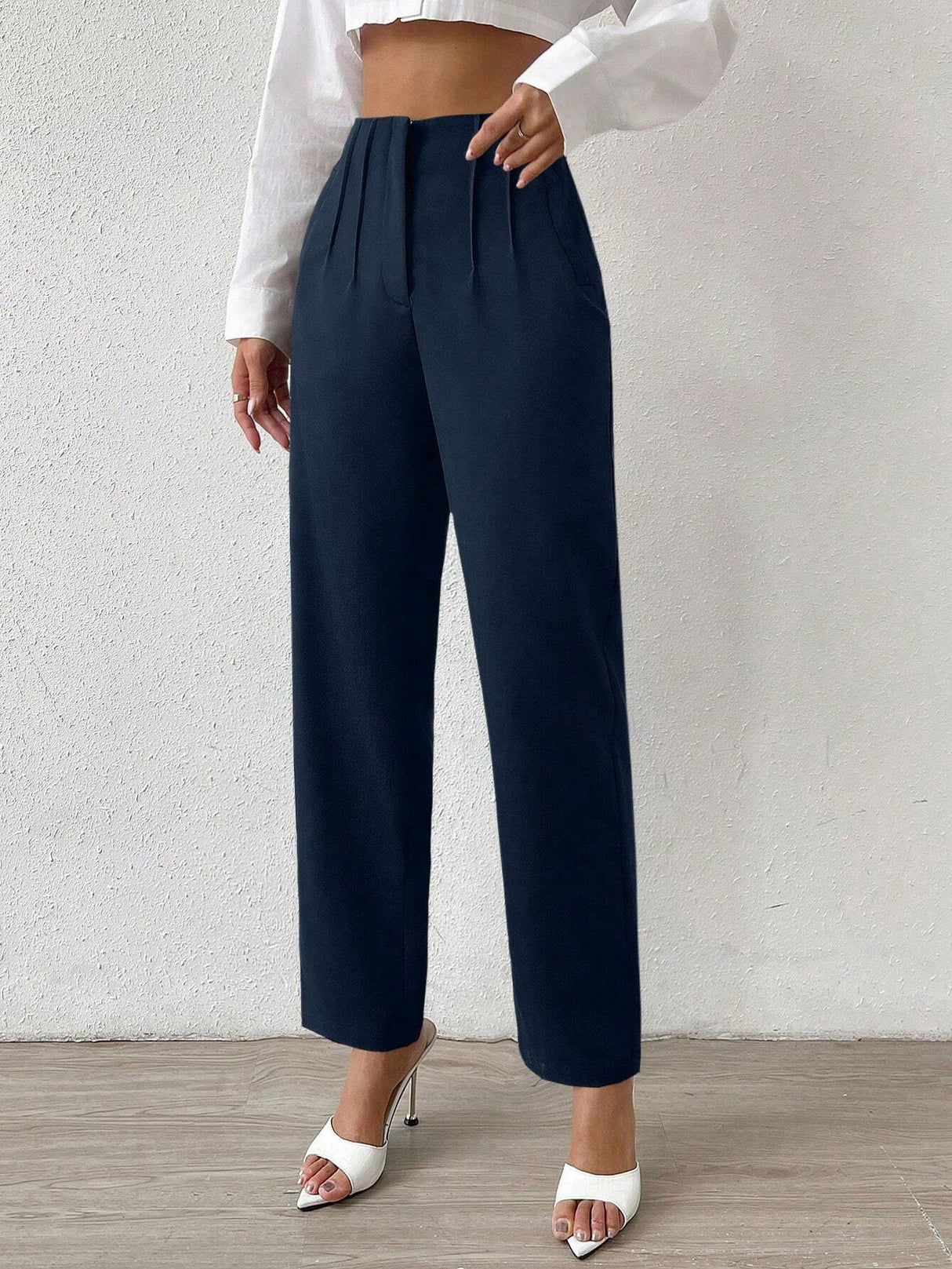 Buy SHEIN Privé Solid Fold Pleated Detail Straight Leg Pants in Pakistan