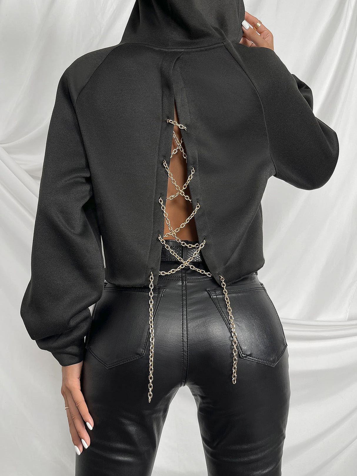 Buy SHEIN SXY Raglan Sleeve Chain Crisscross Back Hoodie in Pakistan