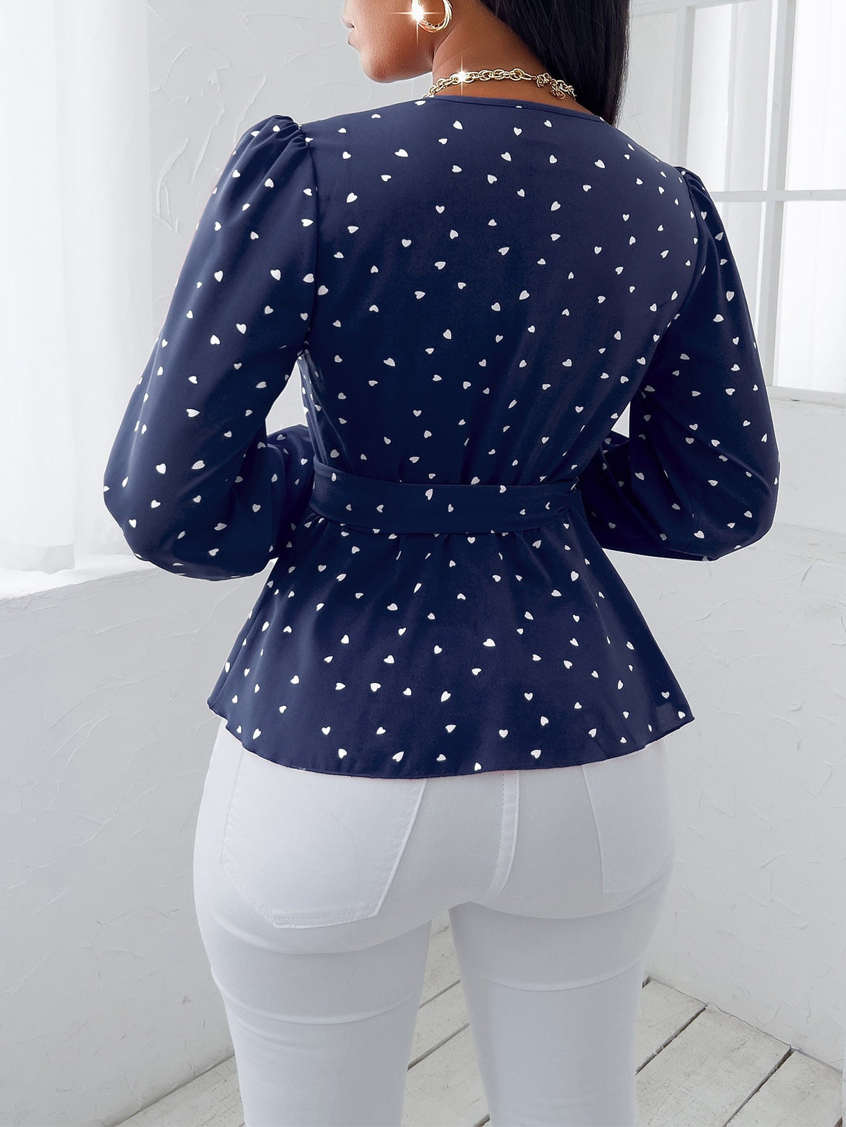 Buy SHEIN SXY Random Heart Print Surplice Neck Belted Blouse in Pakistan