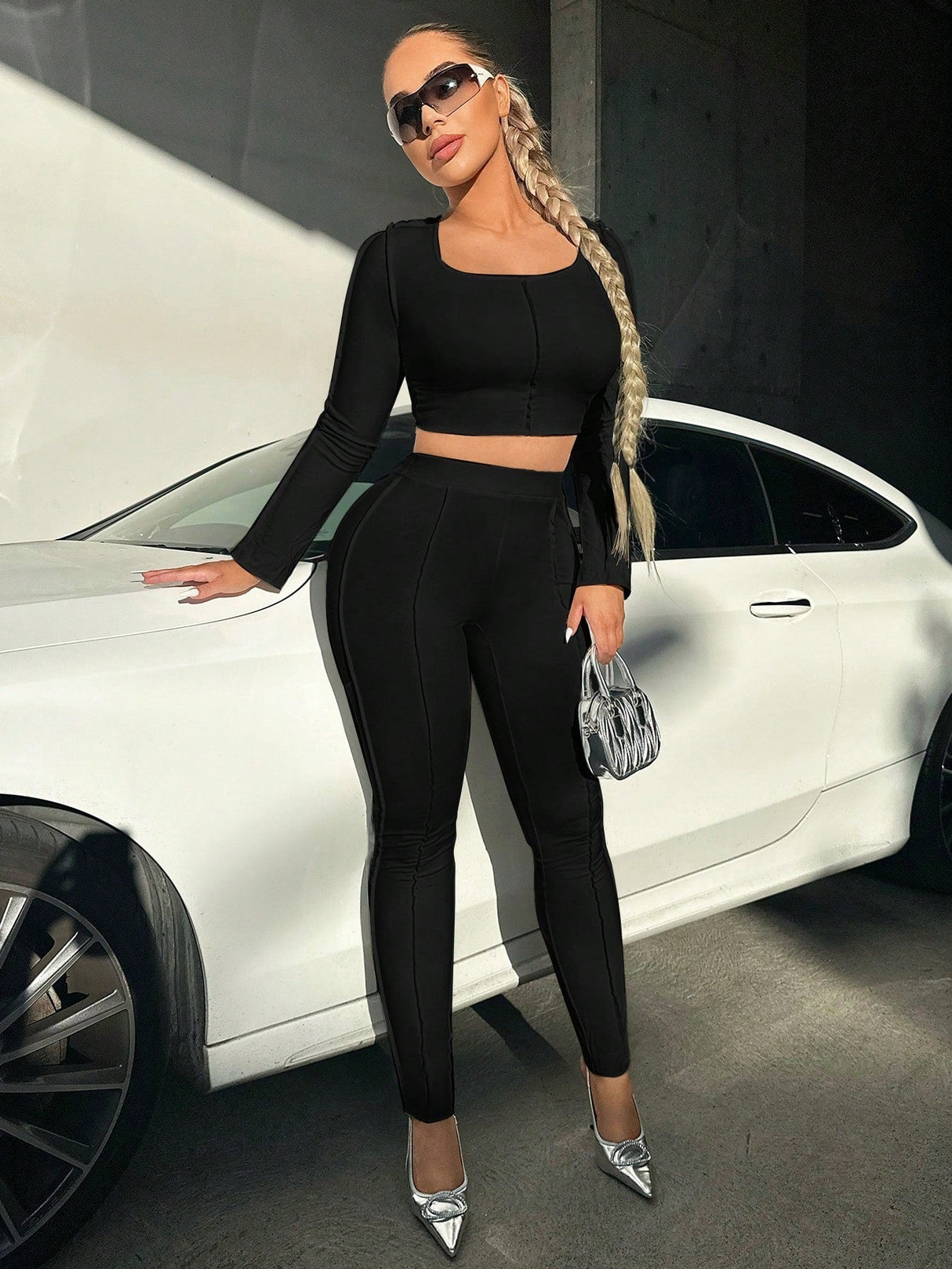 Buy SHEIN SXY Solid Crop Tee & High Waist Leggings in Pakistan