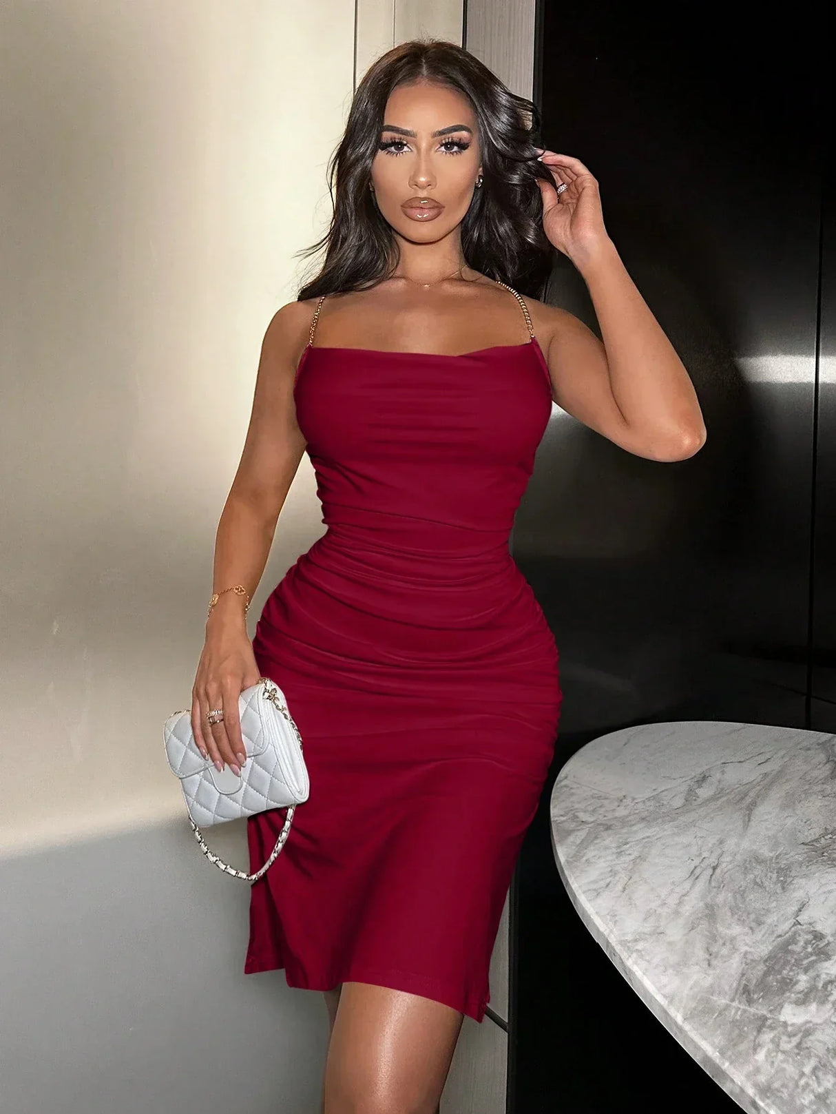 Buy SHEIN SXY Women's Metal Chain Strap Sexy Pleated Cami Dress in Pakistan