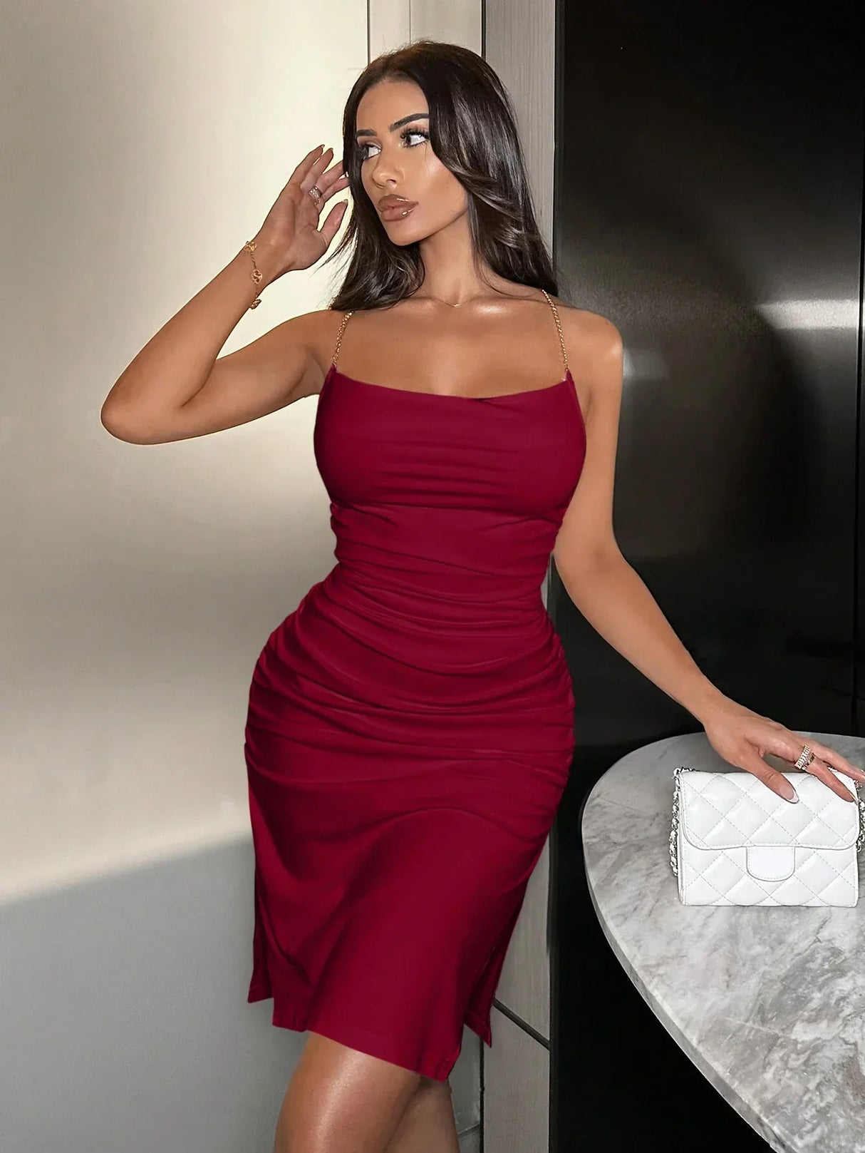 Buy SHEIN SXY Women's Metal Chain Strap Sexy Pleated Cami Dress in Pakistan