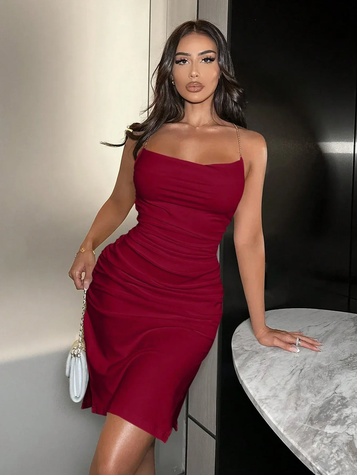 Buy SHEIN SXY Women's Metal Chain Strap Sexy Pleated Cami Dress in Pakistan
