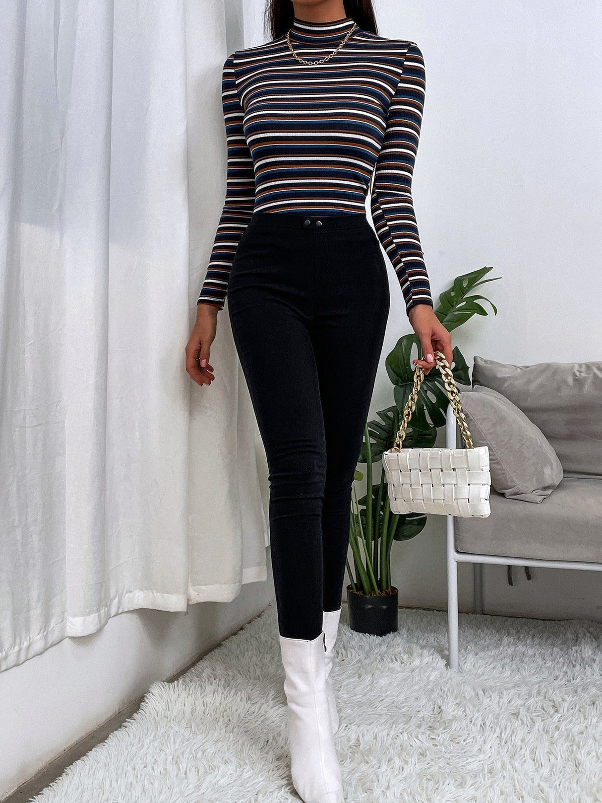Buy SHEIN Slayr Colourful Striped Mock Neck Tee in Pakistan
