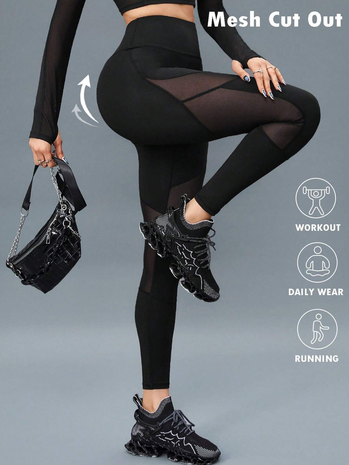 Buy SHEIN Sport Innovista 2pcs Mesh Insert Long Sleeve Crop Top T Waistband Leggings Summer 2piece Outfits Set Women in Pakistan
