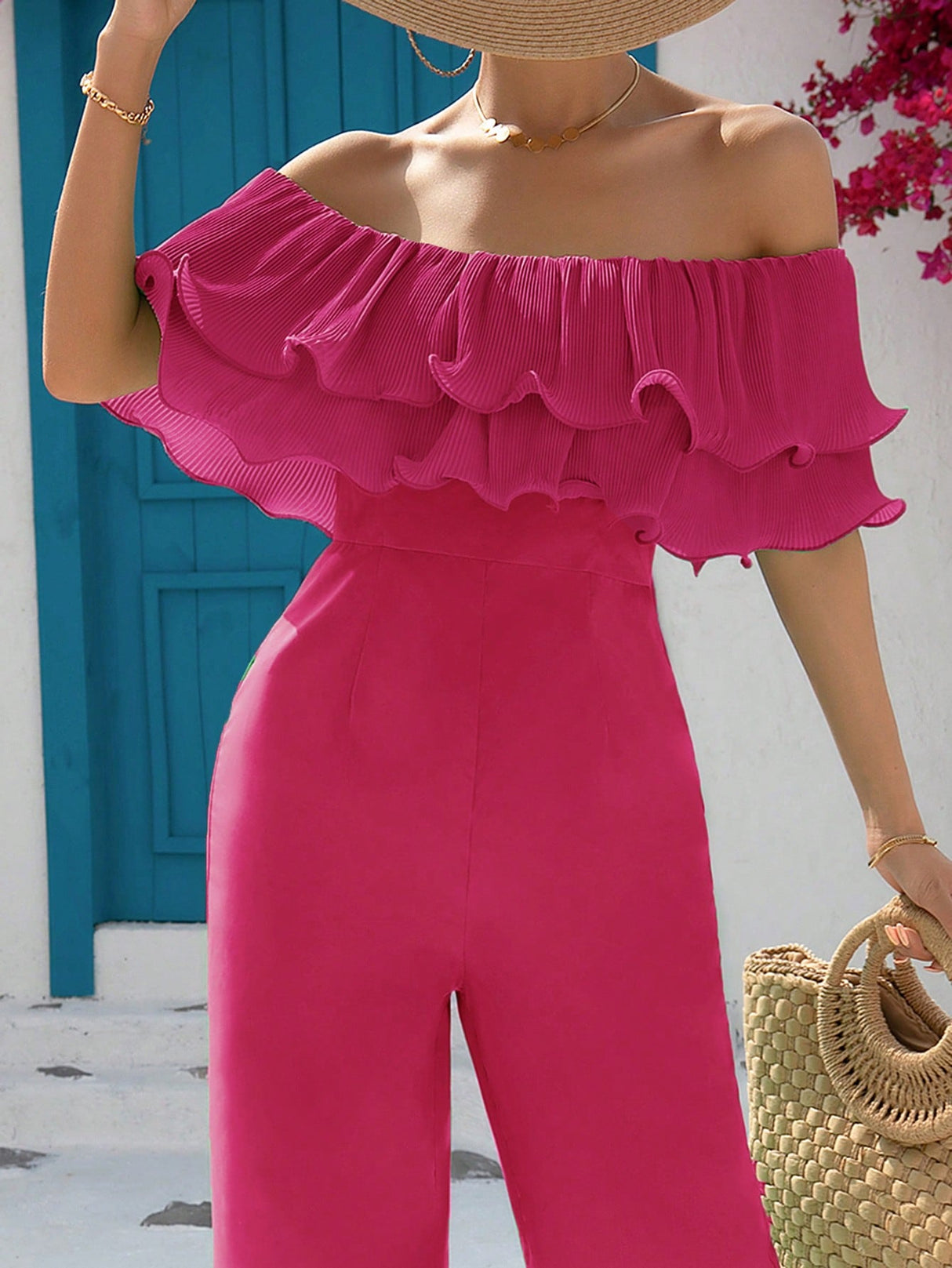 Buy SHEIN VCAY Off Shoulder Ruffle Trim Wide Leg Jumpsuit in Pakistan
