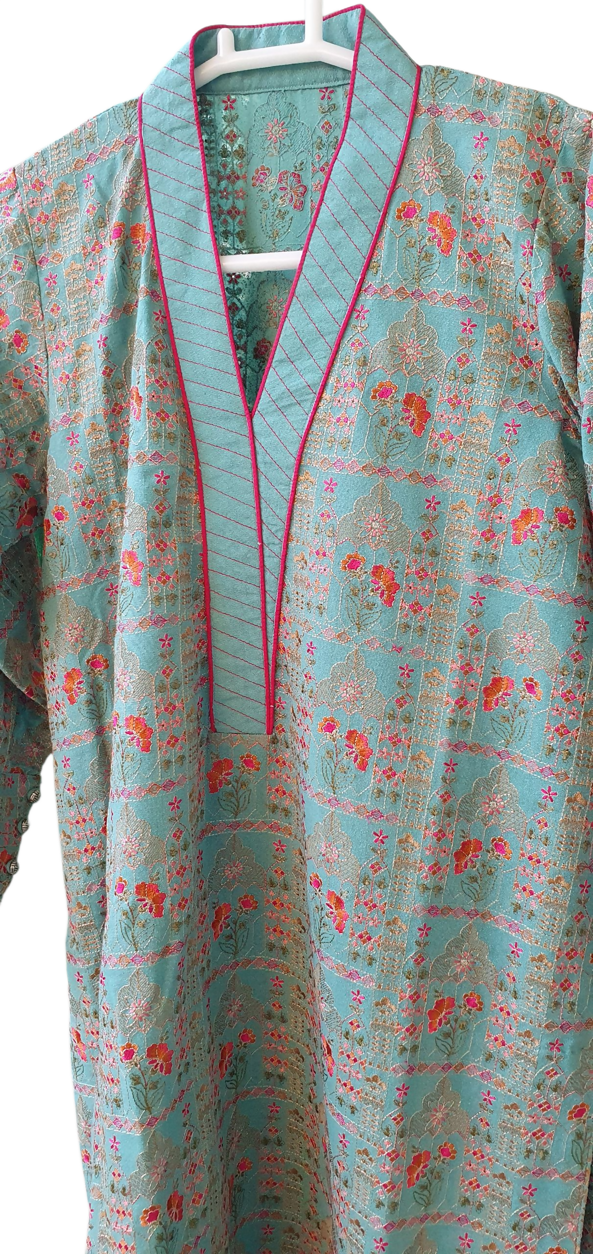Bareeze |Turquoise Lawn Karandi Shirt Trouser | Women Branded Shirt Trouser | Size Medium | Worn Once