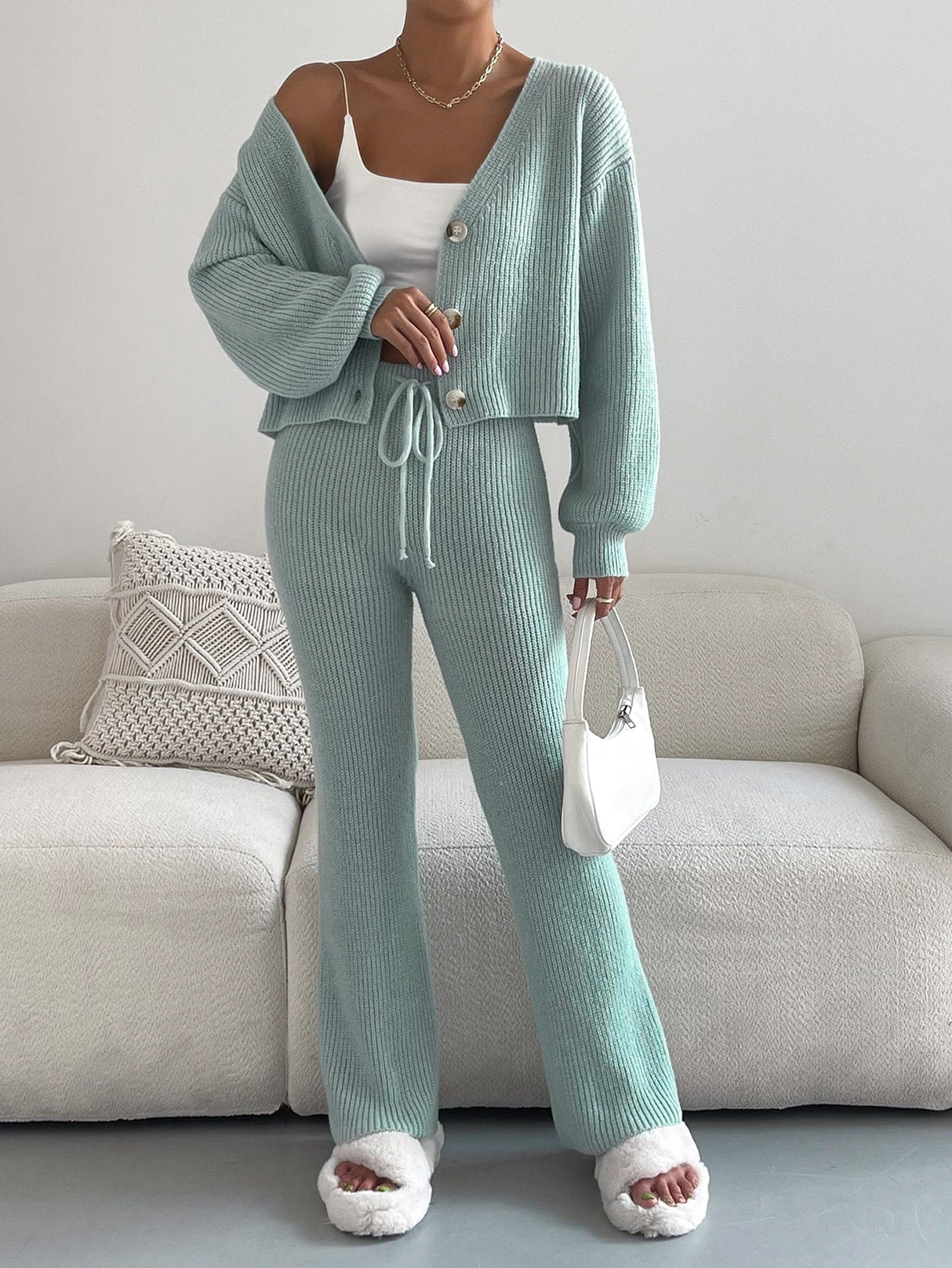 Buy SHEIN Single Breasted Drop Shoulder Cardigan & Tie Front Knit Pants in Pakistan