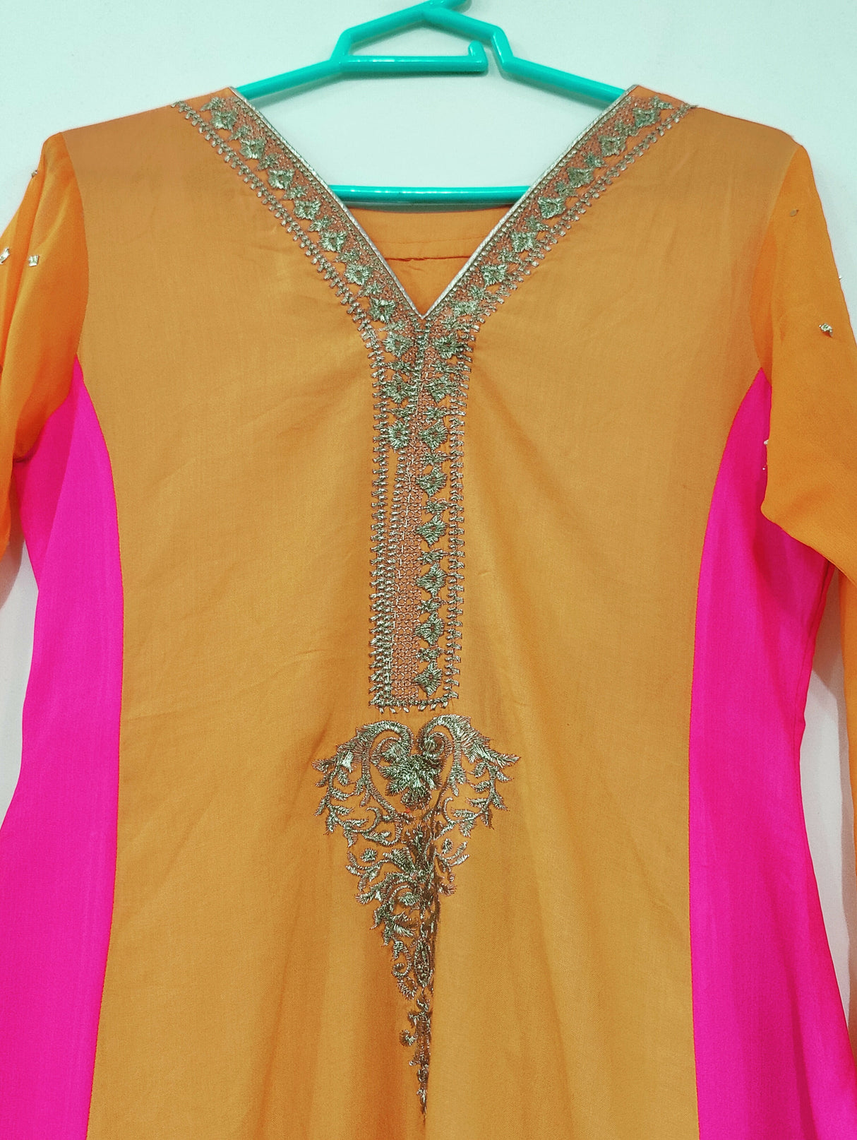 Embroidered Orange Pink Long Shirt | Women Locally Made Kurta | Medium | Worn Once