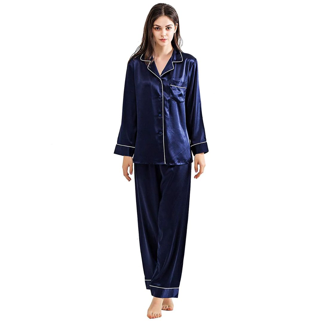 Buy Silk PJ Set With Scrunchie - Navy Blue in Pakistan