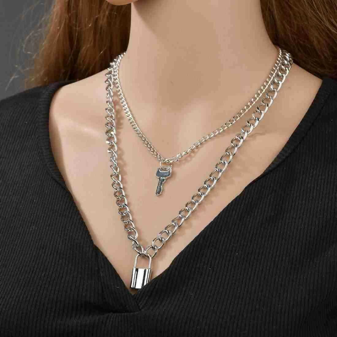 Lock-Key Double Chain Necklace | Women Jewelry | Necklaces & Pendants | Standard | Silver | Brand New