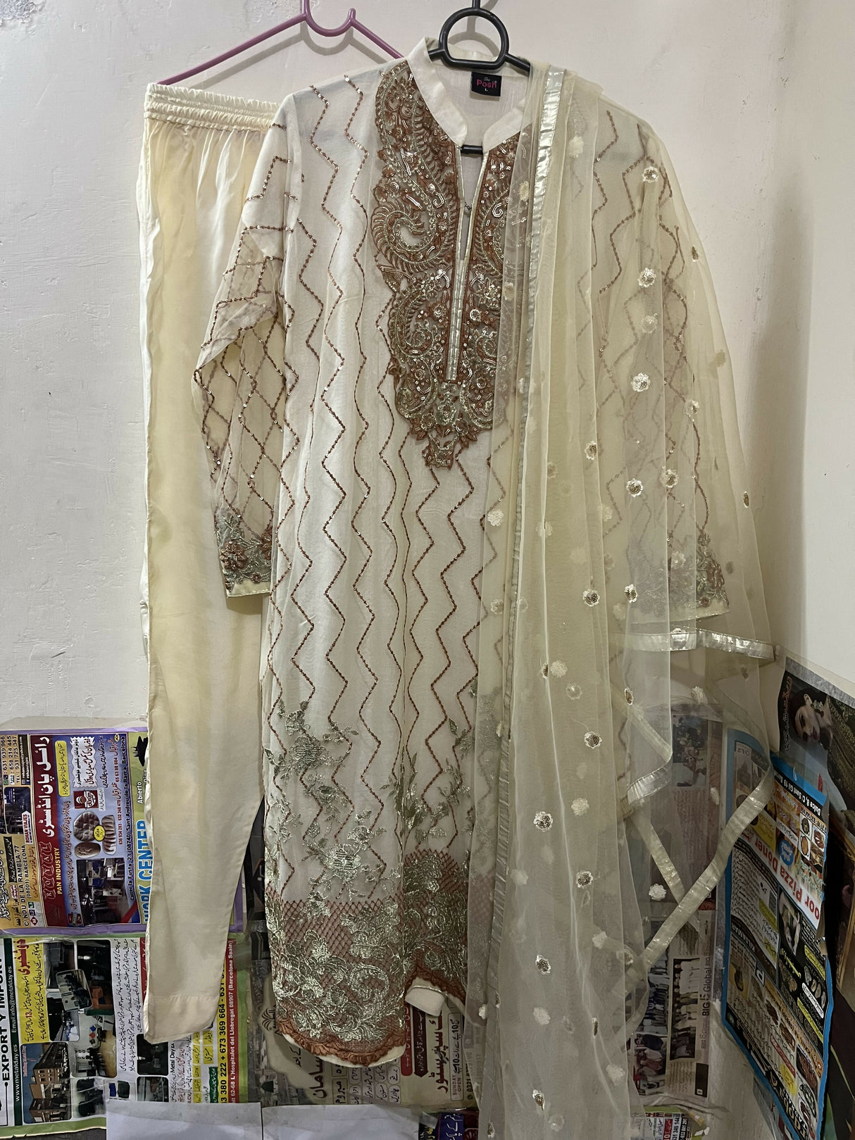 Shaposh | Off White Fully Embroidered 3-PC | Women Branded Formals | Large | New