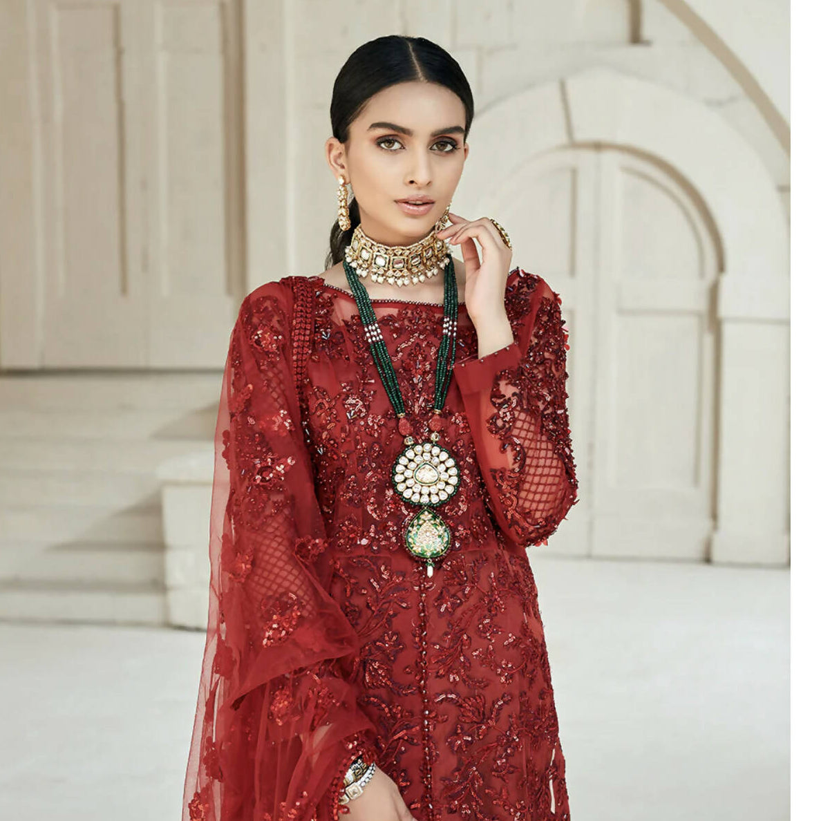 Maryam Hussain | Maroon 3Pcs Suit Luxury Wedding Collection | Women Branded Formals | Large | Worn Once