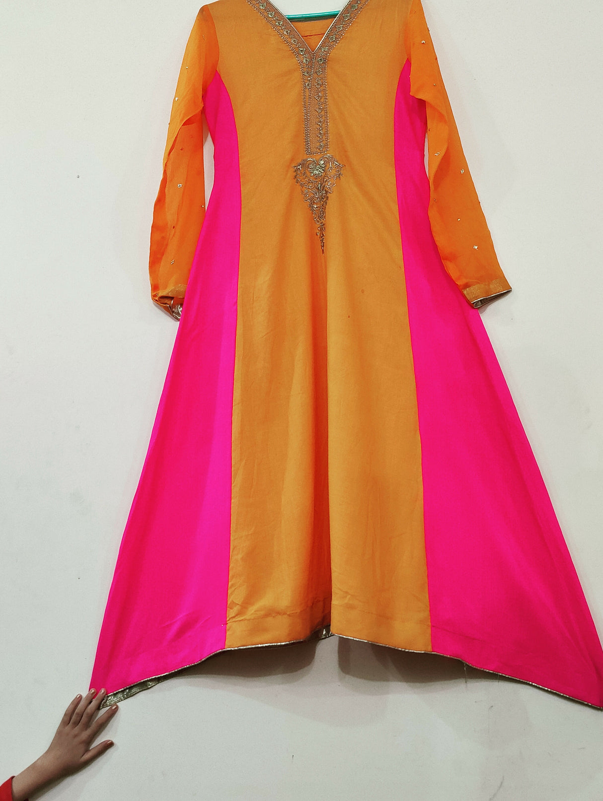 Embroidered Orange Pink Long Shirt | Women Locally Made Kurta | Medium | Worn Once