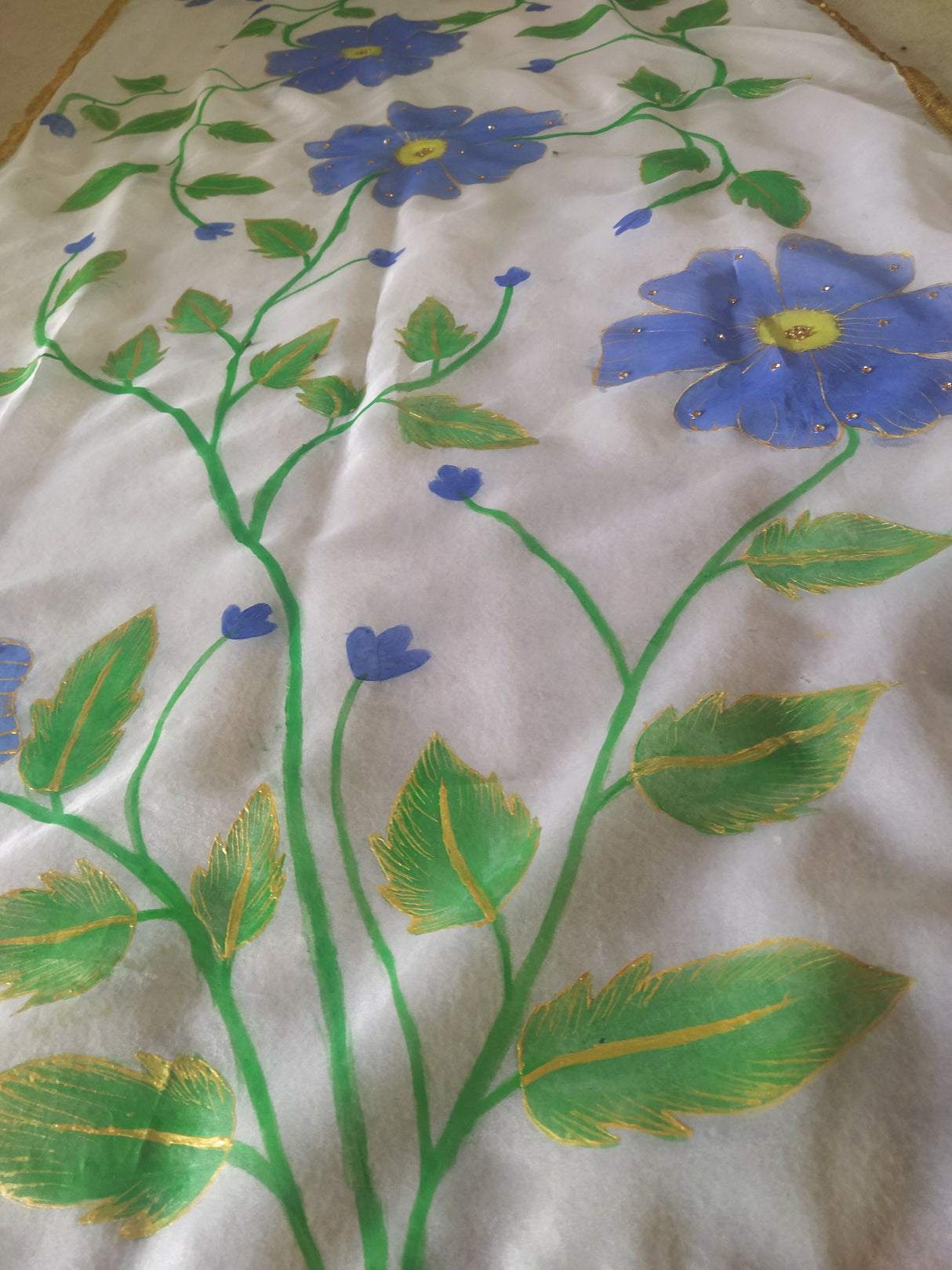 Hand Painted Organza Duppatta | Women Accessories | Duppatas & Shawls | White & Blue | Medium | New