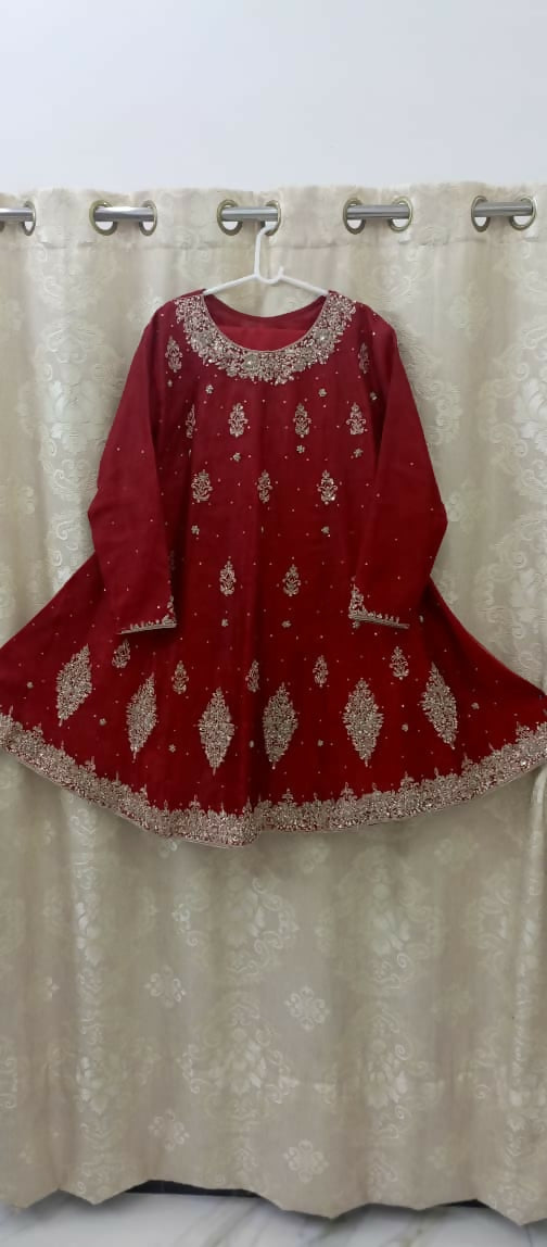 Red Handmade Embroidered Frock | Women Zari Embroidered Frock | Worn Once