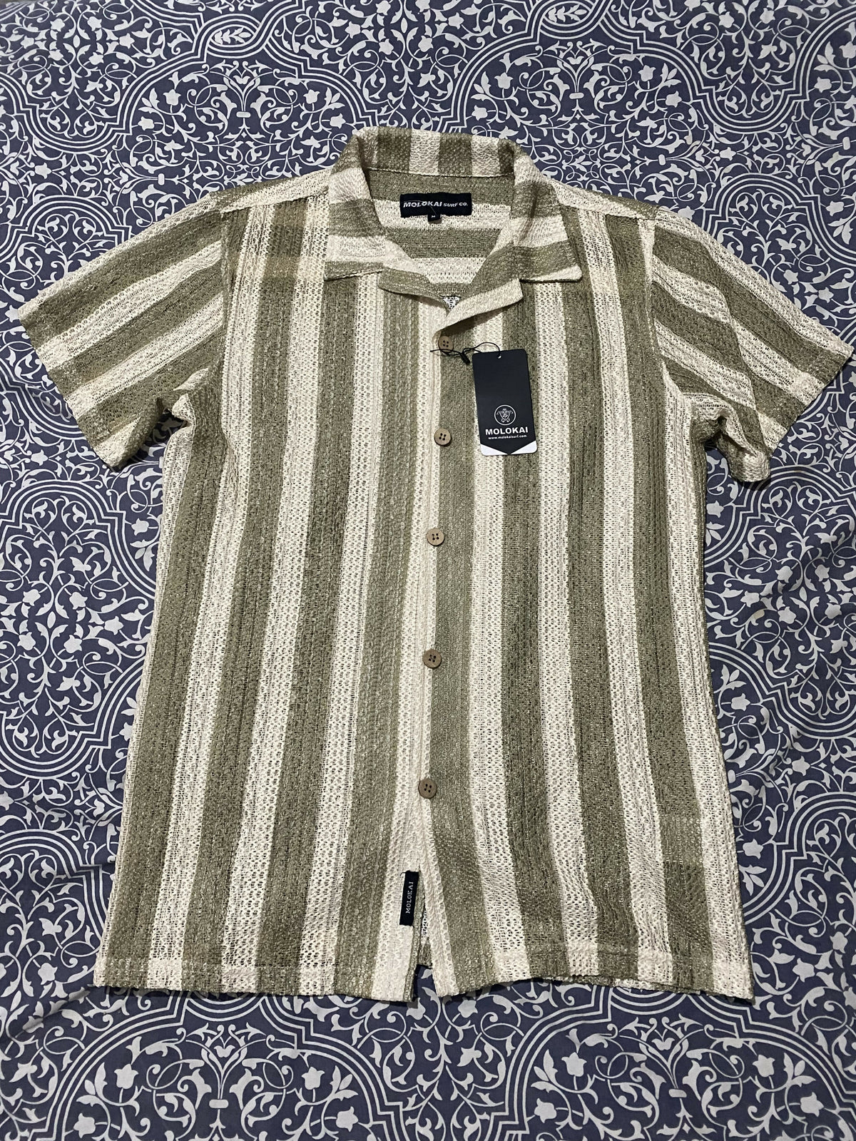 Molokai Green Striped Crochet Button Down Shirt