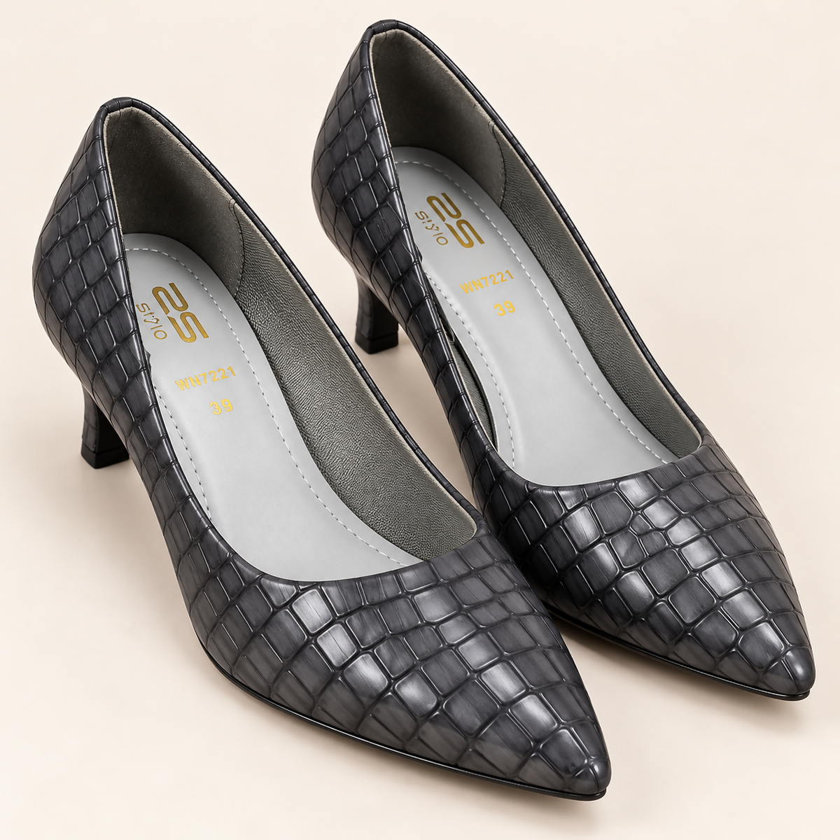 Stylo | Elegant Grey Croc-Embossed Pointed Shoes | Women Shoes | Heels | Grey | Size: 39 | New