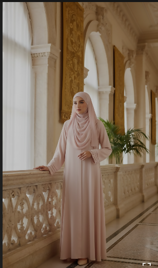 Pink- Beige Pleated Sleeves Front Open Abaya | Women Accessories | Large | Brand New