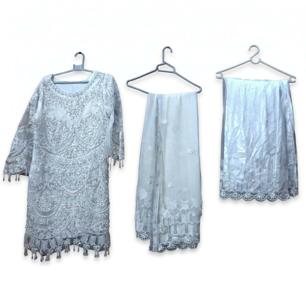 Heavily Embellished 3 PC Dress | Women Locally Made Formals | White | Small | Worn Once