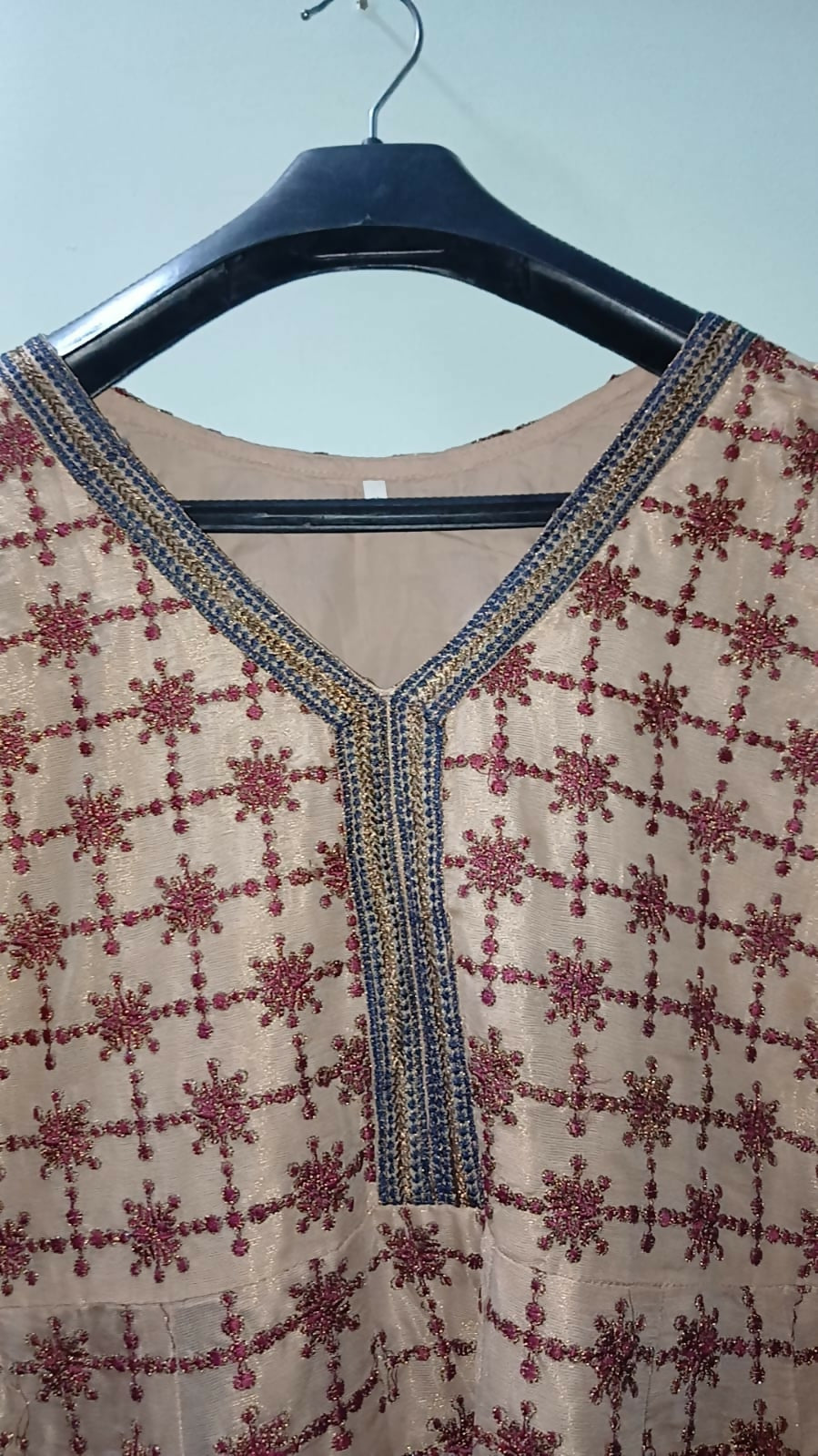 Brown Embroidered Golden & Pink 2Pcs Maxi | Women Frocks & Maxis | Medium | Preloved
