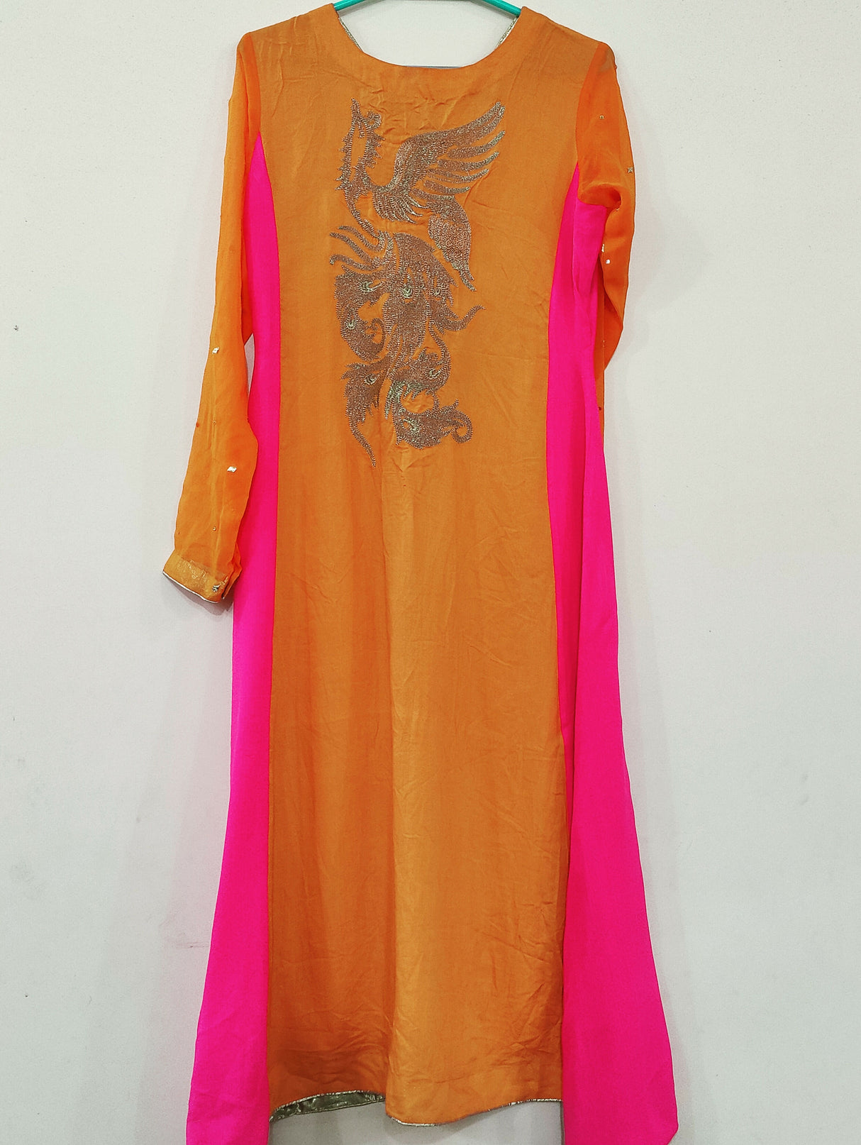 Embroidered Orange Pink Long Shirt | Women Locally Made Kurta | Medium | Worn Once