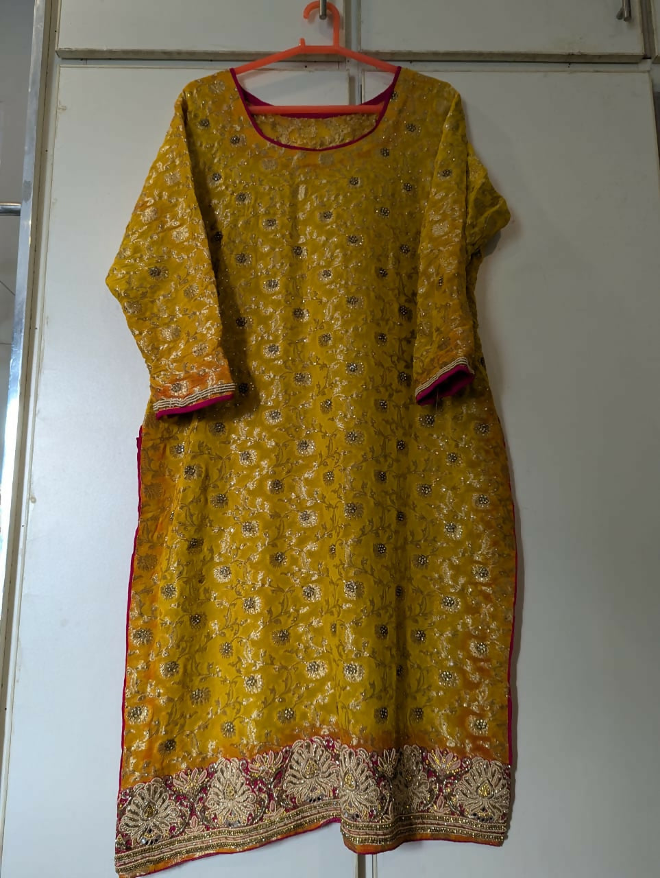 Beautiful Jamawar Yellow Shirt | Women Locally Made Formals | Large | Worn Once