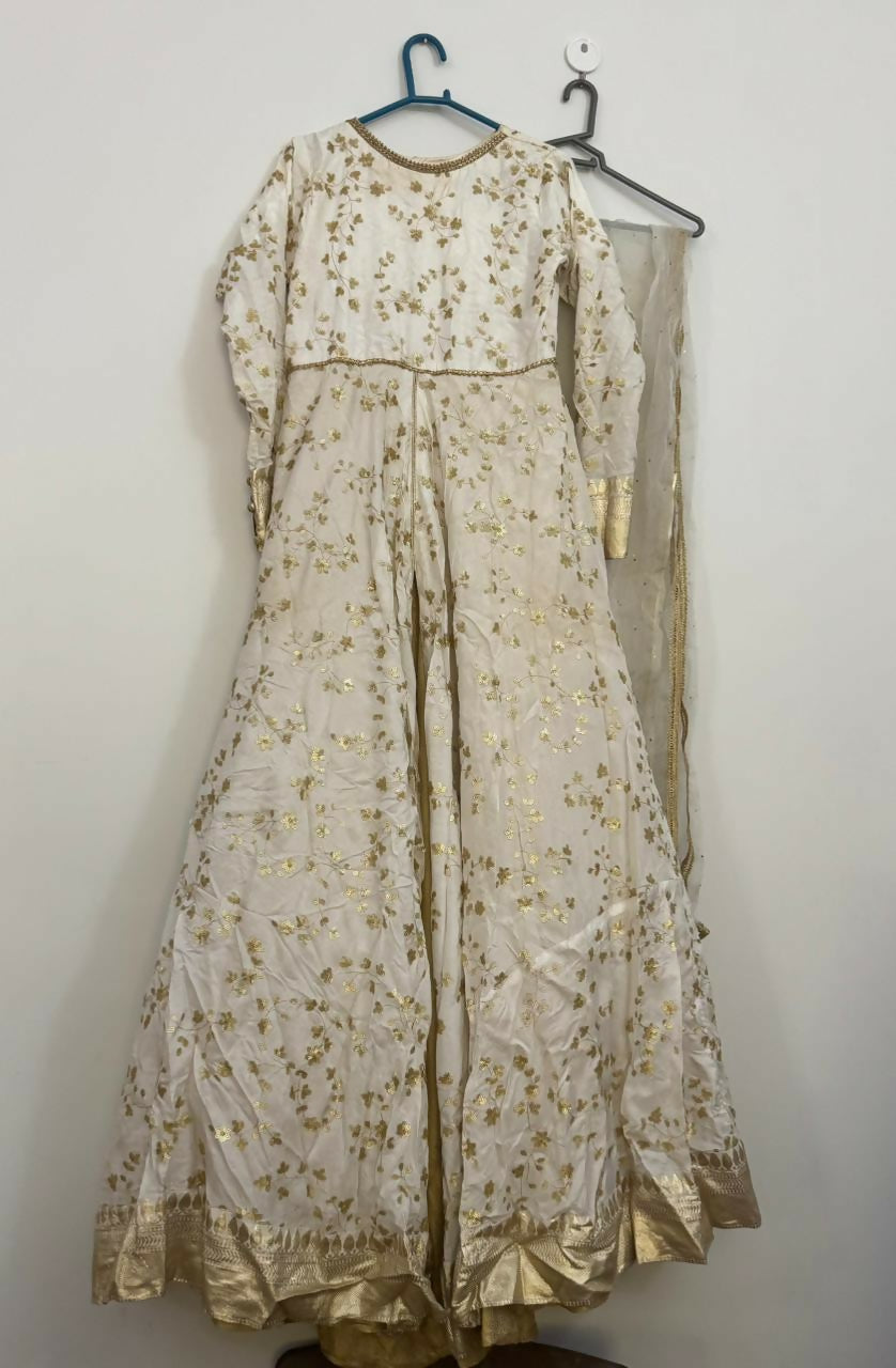 Off White Banarsi Border Silk Frock | Women Locally Made Formals | Small | Worn Once