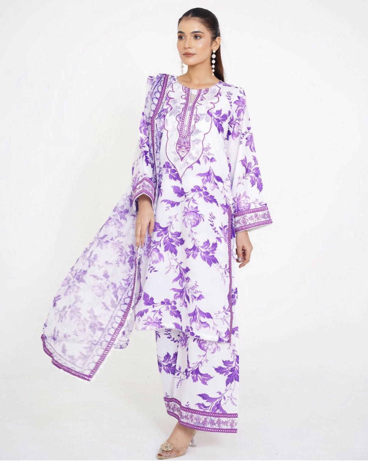 Beautiful White & Purple Suit | Women Locally Made Kurta | Small | New