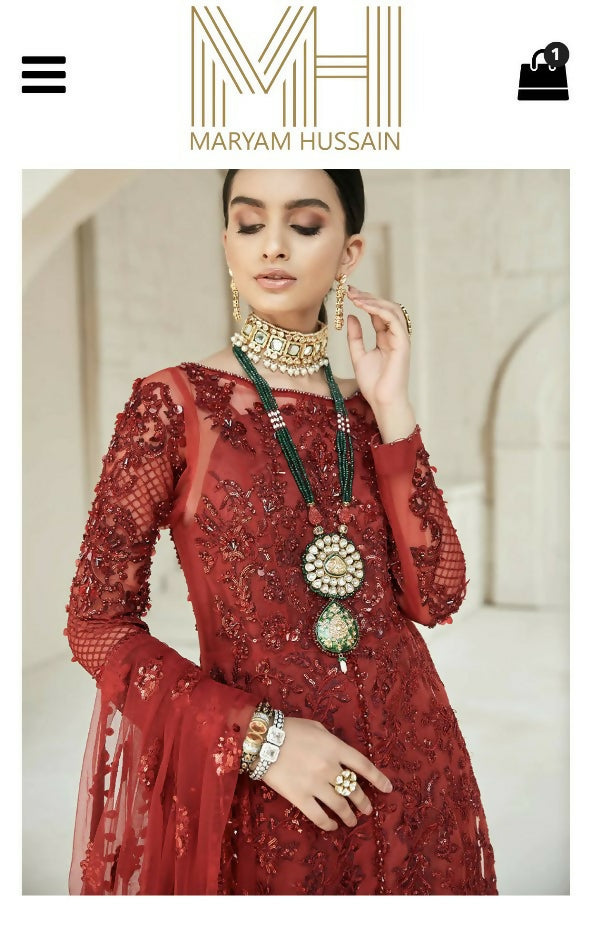 Maryam Hussain | Maroon 3Pcs Suit Luxury Wedding Collection | Women Branded Formals | Large | Worn Once