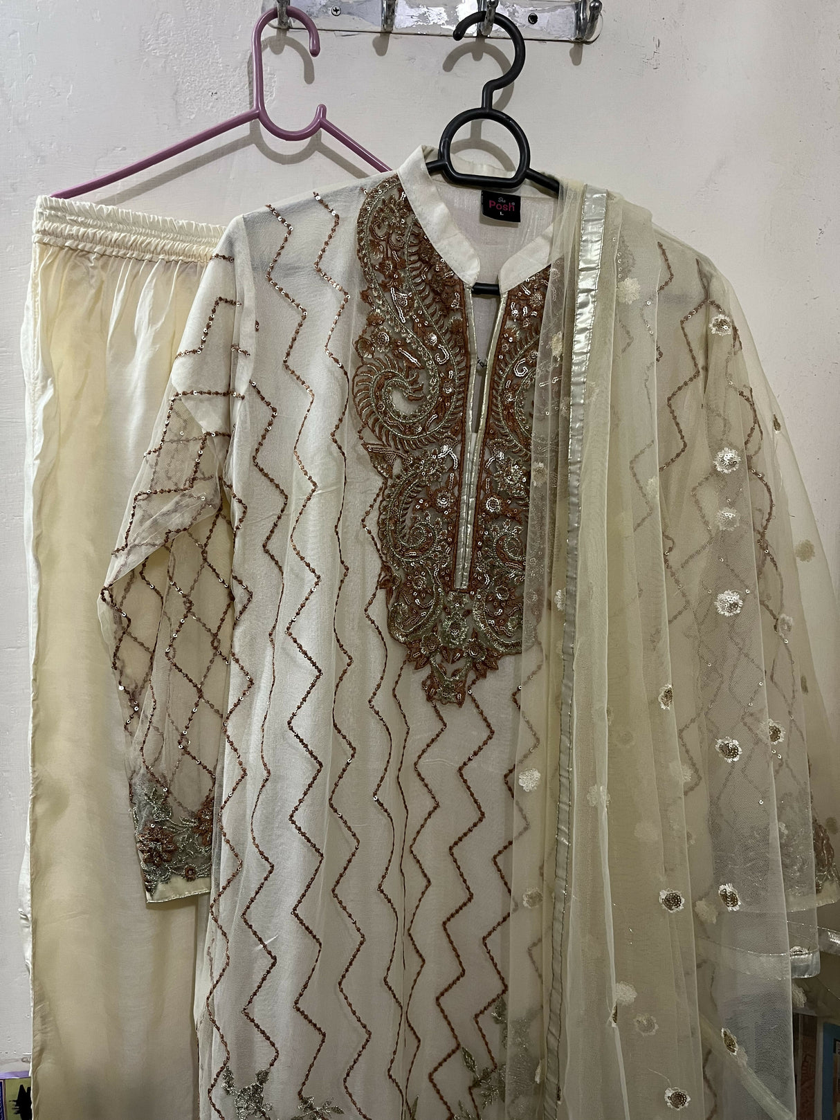 Shaposh | Off White Fully Embroidered 3-PC | Women Branded Formals | Large | New