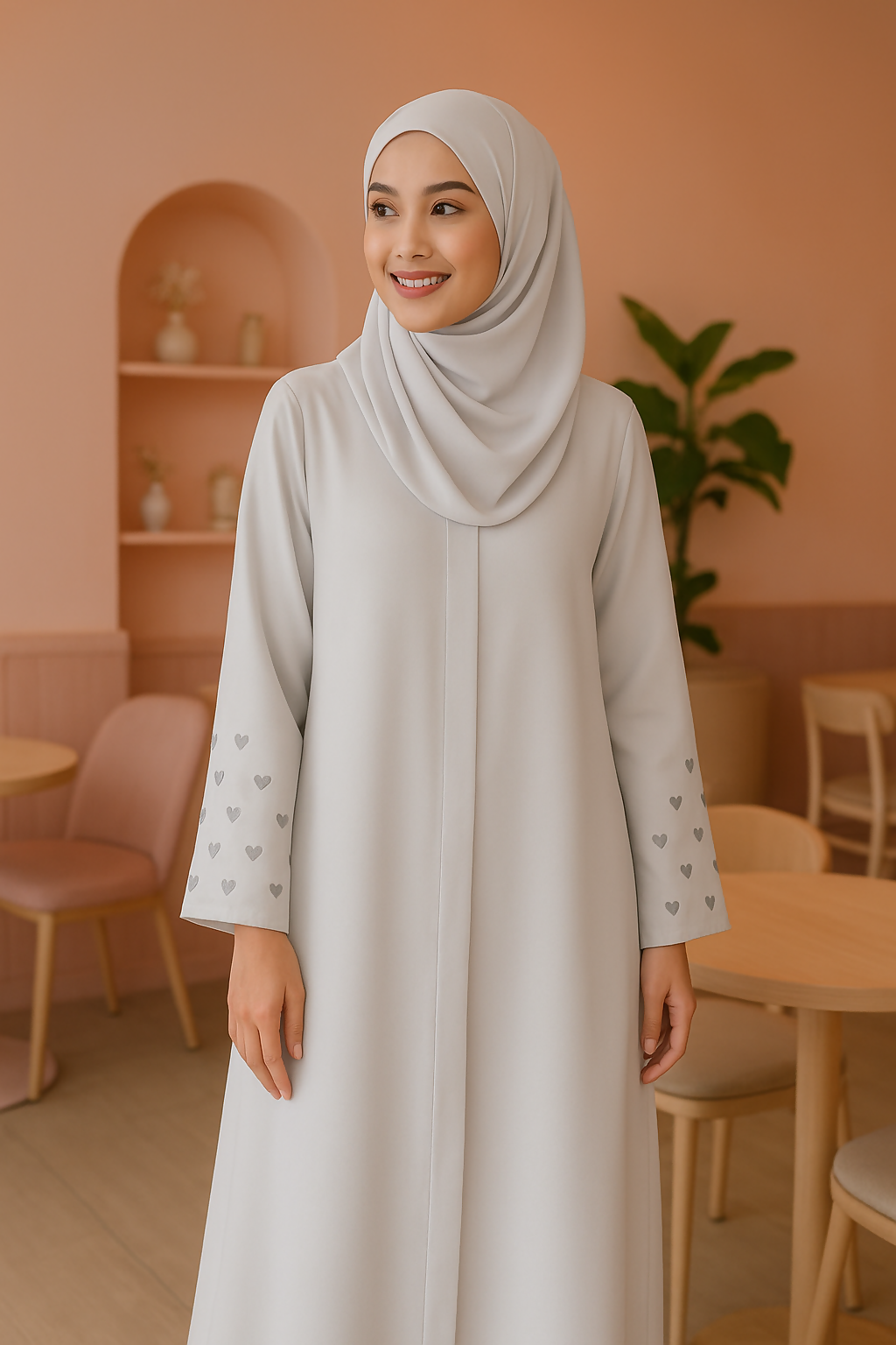 Pearl-Grey Heart Embroided Sleeves Front Open Abaya| Women Accessories | Large | Brand New