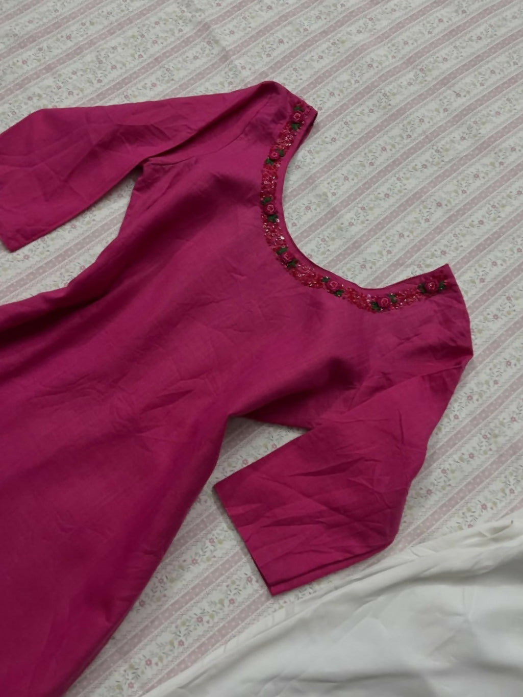 Fuchsia Pink Beautiful Embroidered Long Kurti | Women Locally Made Formals | Small | New