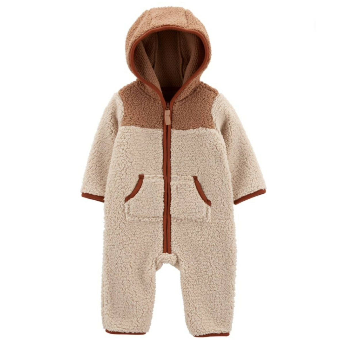 Carters OshKosh | Brown Beige Zip-Up Hooded Fleece Jumpsuit | Baby Bodysuits & Onesies | Brand New