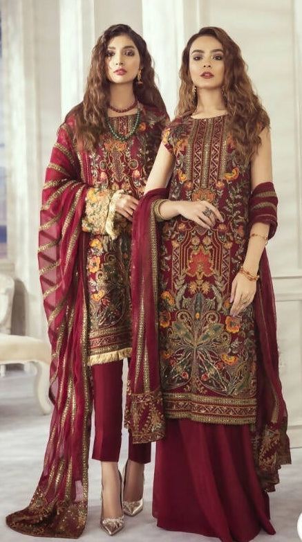 Iznik | Maroon 3Pc Chiffon Suit | Women Branded Formals | Medium |New