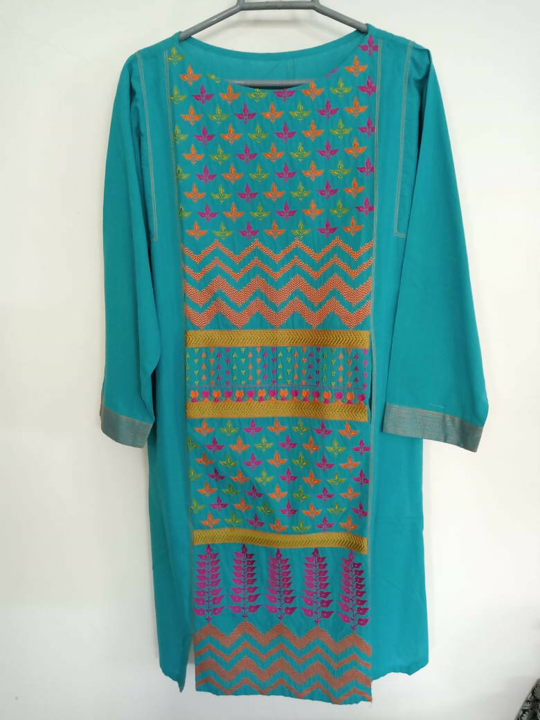 Turquoise Multi-color Embroidered Kurta | Women Locally Made Kurta | Small | New