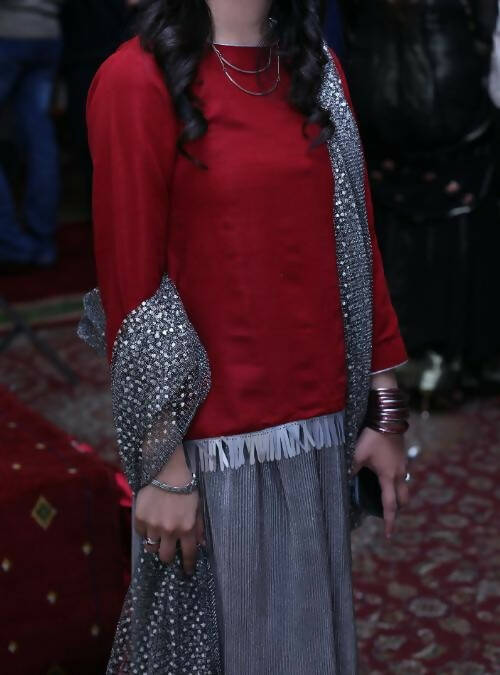 3 PC- Red Maroon Shirt with Skirt and Dupatta | Women Locally Made Formals | Small | Worn Once