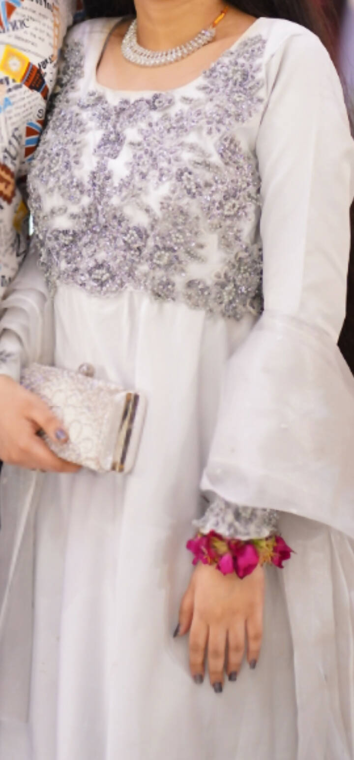 Silver Maxi with Heavy Embroidery | Women Frocks & Maxis | Medium | Worn Once