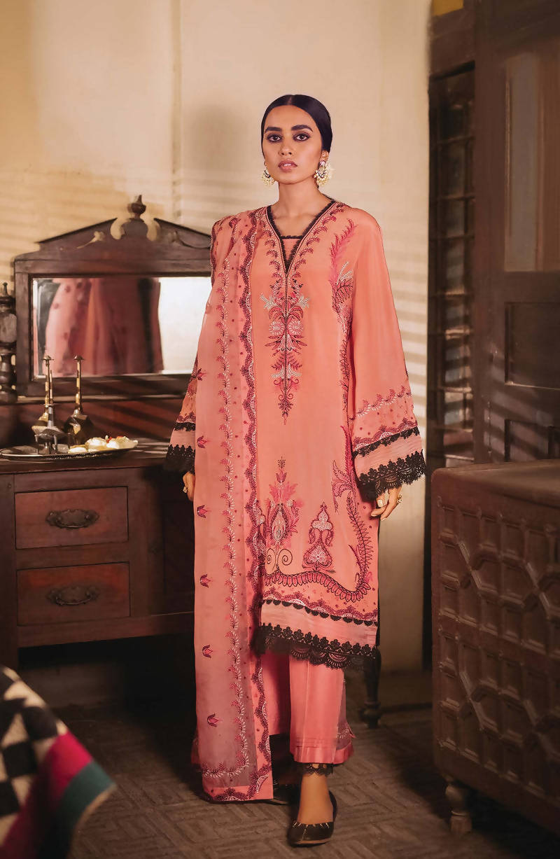 Elan Zaha Gulbadan | Pink Peach 3 Piece Suit | Women Formals | Medium | New