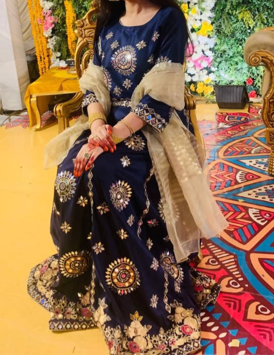Navy Blue Frok with Mirror Work | Women Formals | Medium | Worn Once