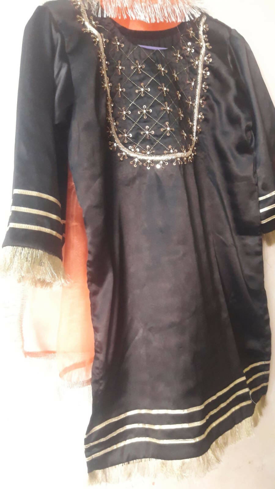 Black Kurta, Gharara & Orange Dupatta | Kids | Girls Shalwar Kameez | Medium | New