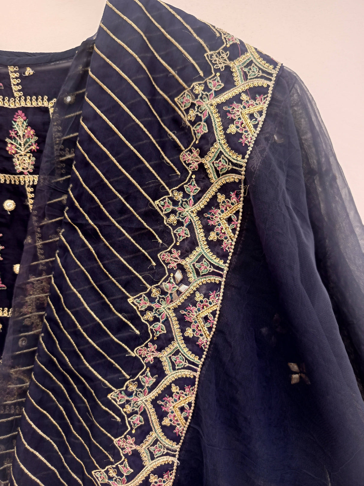 Qalamkar | Navy blue embroidered 3Pc suit | Women Branded Formals | Small | Worn Once