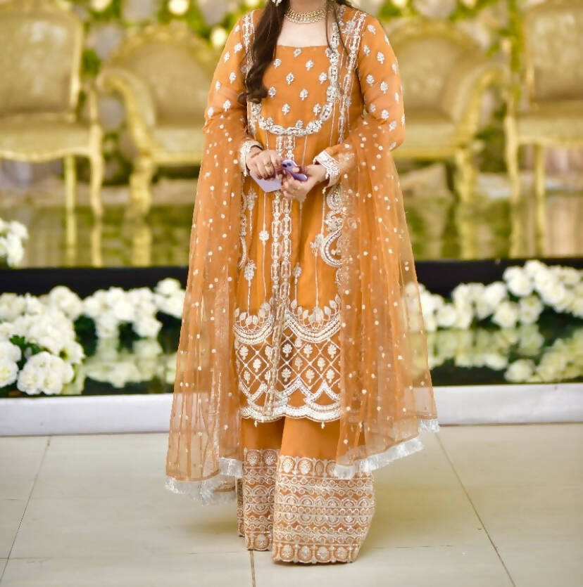 Mushq | Orange Frock with Beautiful Silver Embroider | Women Branded Formals | Medium | Worn once