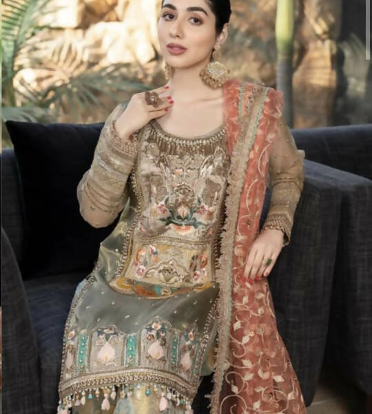 برشکا | 3 پی سی کڑھائی والا لباس (سائز: ایم) | خواتین رسمی | ایک بار پہنا۔