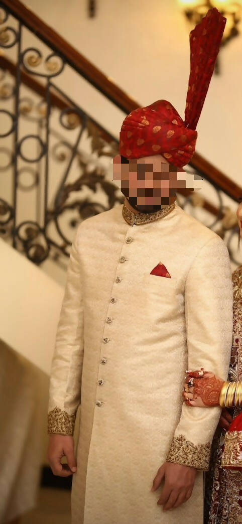 Bonanza | Golden Sherwani for Groom | Men Shalwar Kameez | Medium | Worn Once