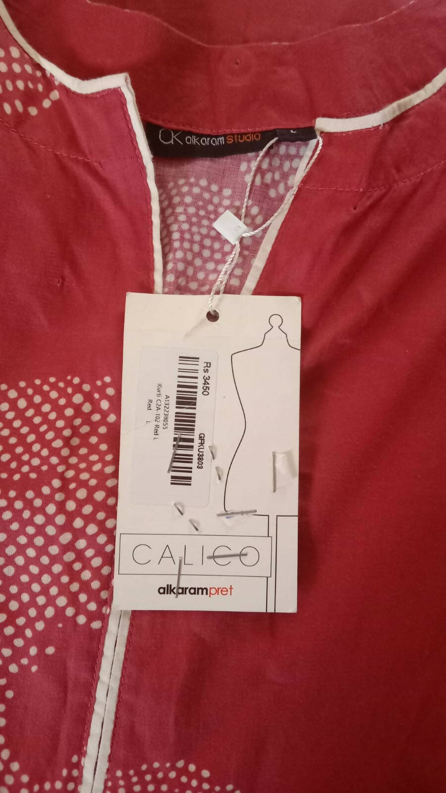 Alkaram | Red embroidered Kurta | Women Branded Kurta | Large | New