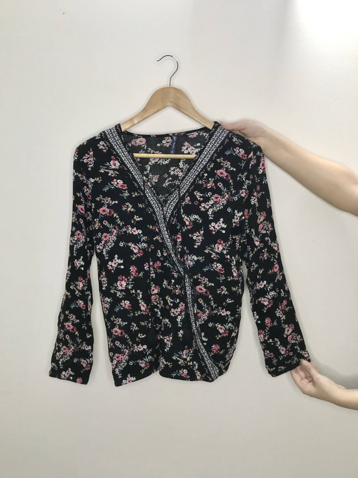 Outfitters | Black Floral Criss Cross Draped Shirt | Women Tops & Shirts | Small | Preloved