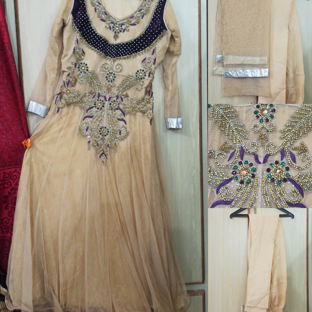 کریم سکن ایمبرائیڈرڈ نیٹ میکسی | خواتین فروکس اور میکسس | میڈیم | ایک بار پہنا۔