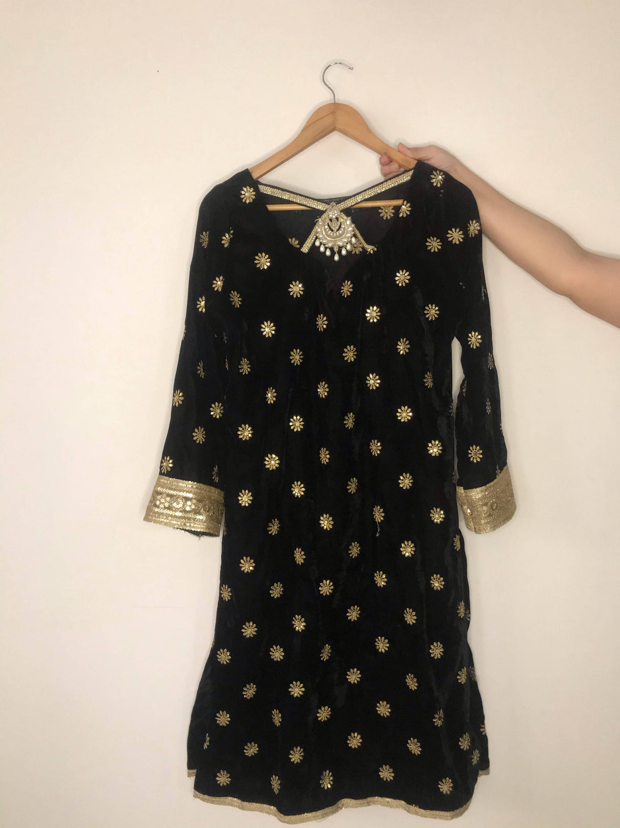 Black Velvet Suit with Chiffon Dupatta | Women Locally Made Formals | Medium | Worn Once