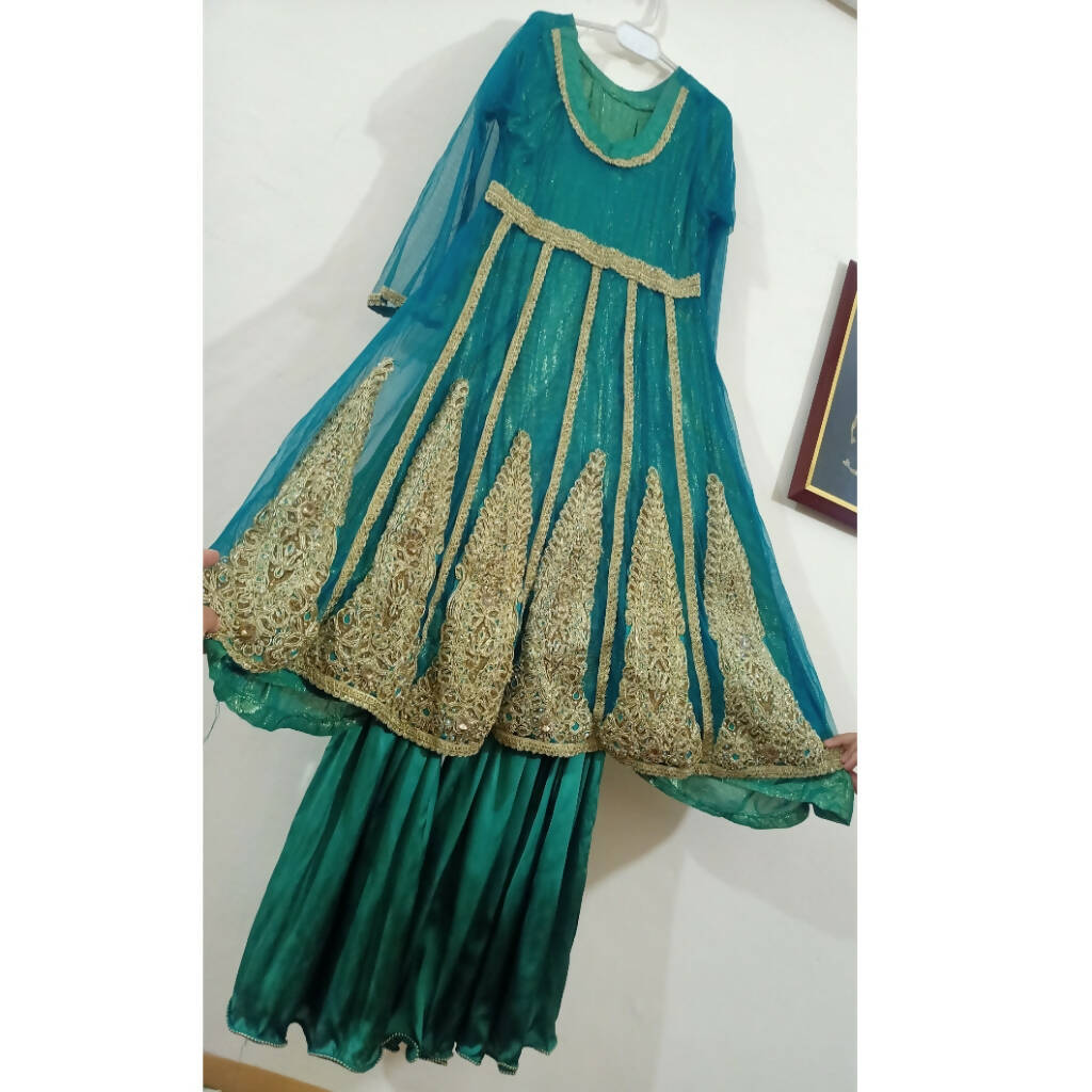 Green Net silk embroidery short frok with sharara | Women Locally Made Formals | Medium | Preloved